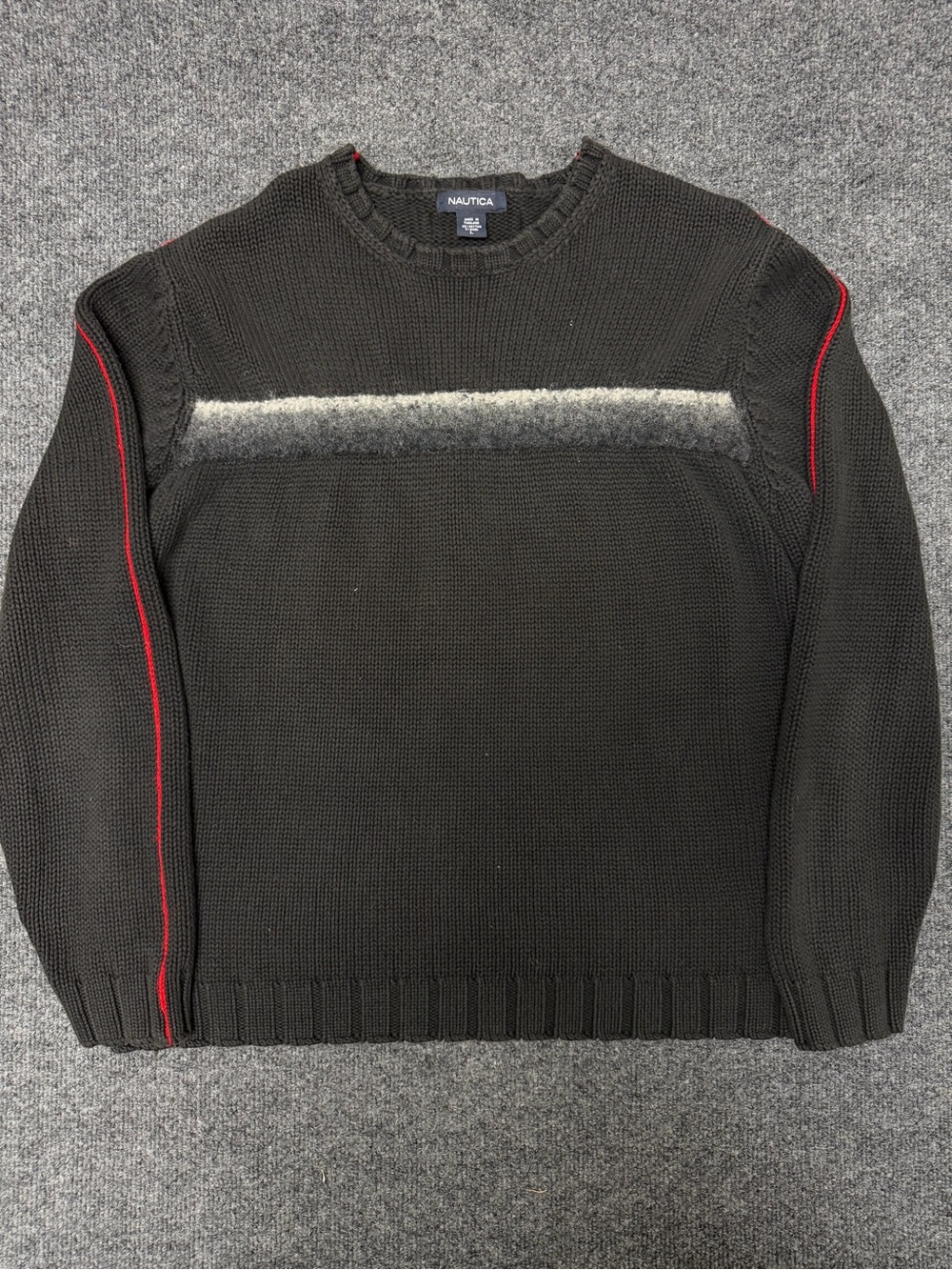 Nautica Men's Black Crewneck Sweater with Gray Chest Stripe and Red Piping